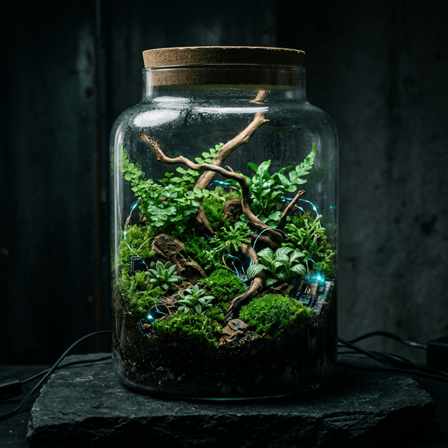 Illustration conceptuelle d’un terrarium et d’outils numériques